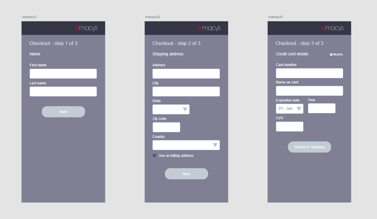 High fidelity check out flow wireframes for a mobile device